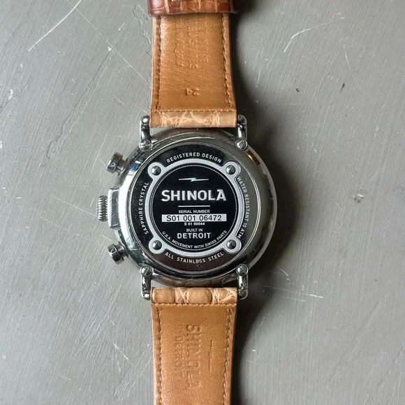 Shinola Runwell Chrono 47mm Black Tan Alligator Leather Watch AUTHENTIC